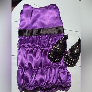 American girl purple satin scrunched skirt sleeveless dress w black white shoes